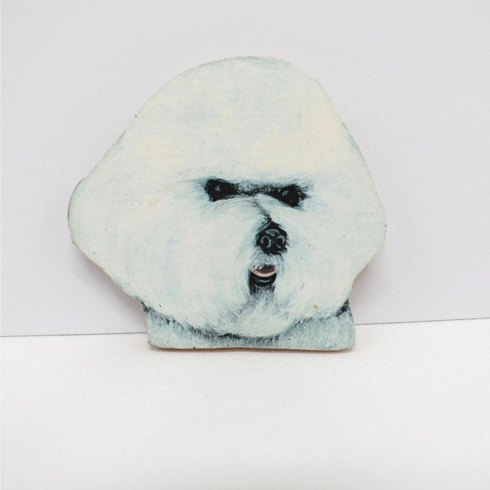 Bichon Frise Vintage Brooch Pin White Dog Large Wood Printed Pet Animal Jewelry